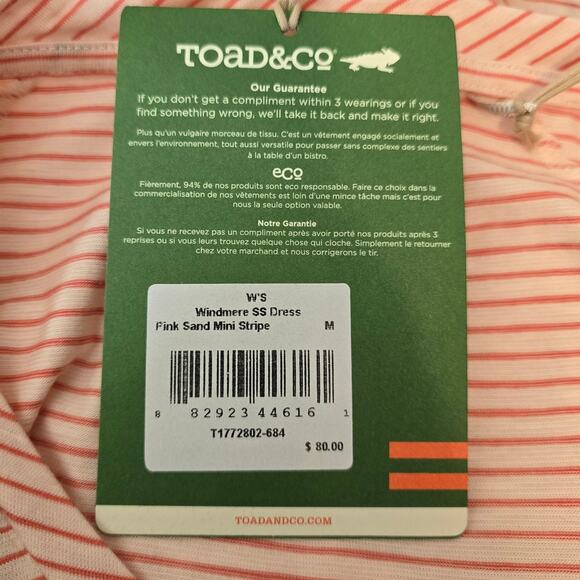 Toad & Co. Pink Sand Mini Stripe Lightweight Athleisure Windmere SS Dress M NWT - Picture 7 of 8